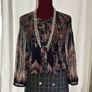 Women’s Navy Blue with Paisley Print Sheer Button Down Blouse with Neck Tie (M)
